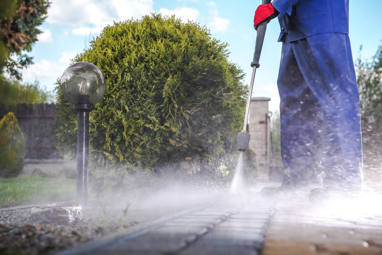 Driveway being cleaned with professional pressure washing