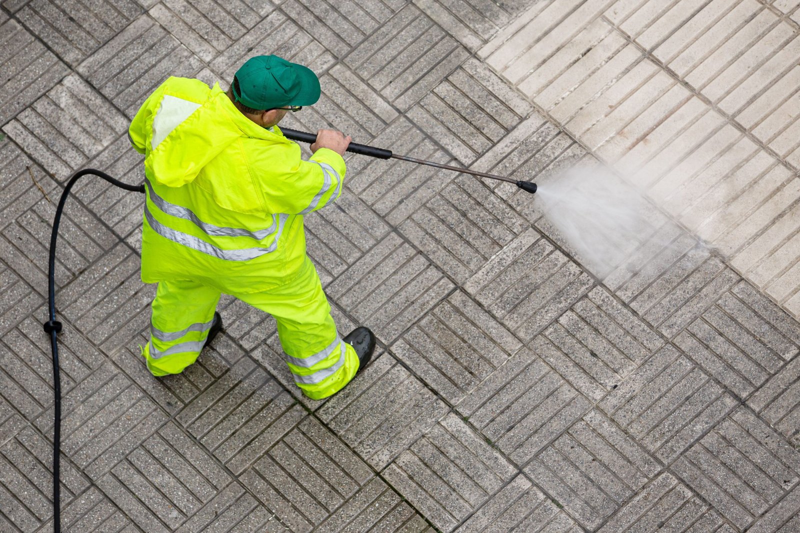 Worker pressure washing stone tiles with a high-pressure water jet